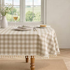 Beige Gingham Oval Tablecloth, Cotton Linen Texture, 60"x102" - Image 2