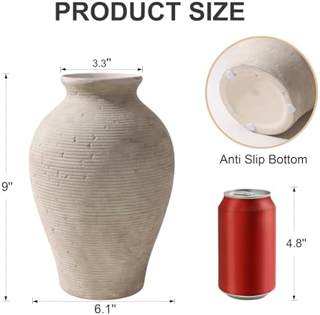 Ceramic Flower Vase Home Decor, 9 in Farmhouse Table Vases Rustic Vintage Living Room Kitchen Bedroom Pottery Decorative Vases for Flowers House Book Shelf Office Coffee Desk Dining Entryway, Retro - Image 5