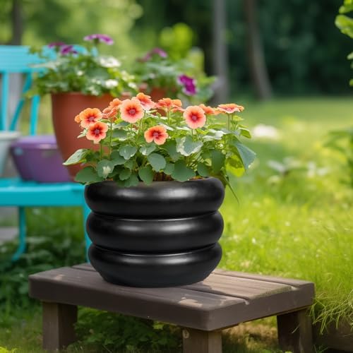 SQOWL 10 Inch Pot for Plants - Ceramic Planter for Indoor Plants Large Plant Pot with Drainage Hole Outdoor Flower Pot Decorative Round Planter for Porch House Decor Black - Image 4
