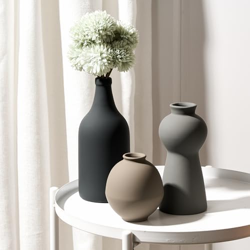 Ceramic Vase Set of 3, Nordic Minimalist Multicolor Vases Home Decor, Rustic Farmhouse Decor Pottery Vases for Bouquet Pampas Grass Dried Fresh Flowers, Living Room, Kitchen, Bedroom, Entryway Mantel by PORCER