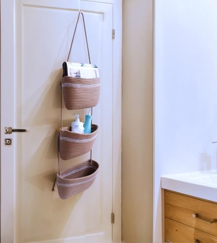 Over the Door Hanging Basket for Organizing 3 Tiers Woven Cotton Rope Wall Mount Storage basket Decorative Kitchen Hanging Organizer Bathroom include 1door hook Flaxen - Image 4
