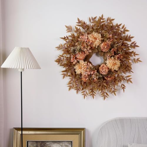 26" Artificial Silk Rose Dahlia Flower Wreath for Front Door (Fall Orange) - Image 5