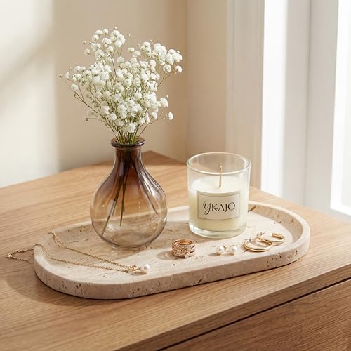 YKAJO Natural Travertine Beige Oval Marble Tray, 11.8x5.9 Vanity Organizer - Image 2