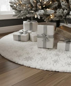 AOGU 60 Inch Sequin Faux Fur Christmas Tree Skirt for Christmas Tree Decorations White Plush Silver Sequin Snowflake Tree Skirt - Image 3
