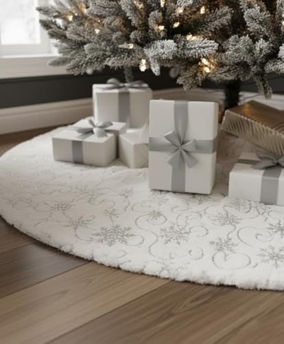 AOGU 60 Inch Sequin Faux Fur Christmas Tree Skirt for Christmas Tree Decorations White Plush Silver Sequin Snowflake Tree Skirt - Image 3