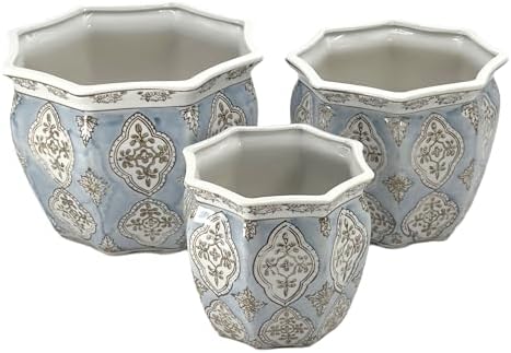 Galt International Light Blue & White Round Fluted Floral Porcelain Ceramic Plant Flower Planter Pot Set of 3 (7.5", 10", 13") Garden Pots Chinese Asian Design - Image 5
