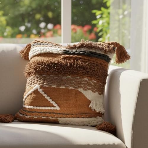 Handwoven Boho Throw Pillow Cover 18x18 Pillows for Sofa, Bed and Couch Decorative Knitted Pillow with Tassels Tufted Accents Cotton/Wool Home Decor, Limited Edition - Image 4