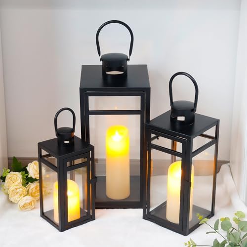 TRIROCKS Stainless Steel Lantern Set of 3 - Assorted Sizes (12/15/19 Inch) - Tall Metal Hanging Lanterns with Clear Glass Panels, Indoor & Outdoor Home Decor for Parties & Events - Black Finish - Image 4