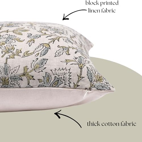 Decorative Pillow Cover French Country Pillow Cover Cottage Decor Floral Block Print, Farmhouse Decorative Cushion Cover, Striped Pillow Cover Line and Loop (Powder Blue-Spring Green) - Image 2