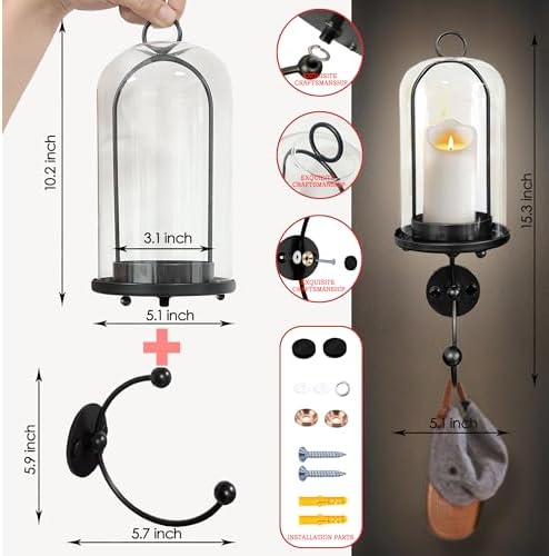 Metal Wall Hurricane Glass Candle Sconce Holder for Pillar Candle & Plant, Modern Farmhouse Decor Candle Lantern with Hand Towel Rack (Black) - Image 5