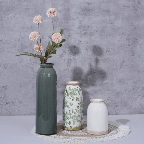 Vintage Ceramic Vase Set of 3, Flower Small Chinoiserie Vase Rustic Modern Farmhouse Centerpiece Decorative Pottery Vases for Table Mantel Entryway Bookshelf Living Room Kitchen Home Decor - Image 4