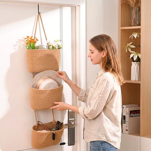 ICERZCZ Hanging Baskets for Organizing, Over the Door Decorative Storage Organizer, Nursery Decor Organization, 3-Tier Wall Basket for Entryway Playroom Bathroom Closet, Khaki - Image 2