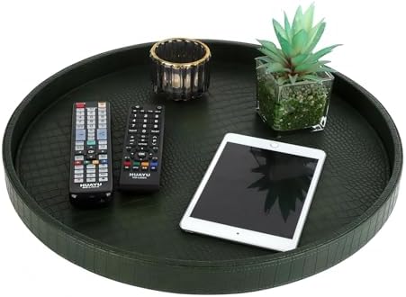 HofferRuffer Round Serving Tray 20'', Elegant Faux Leather Circle Ottoman Table Tray, Serve Tea Coffee Breakfast in Bedroom Living Room Kitchen(Green, 20") - Image 3