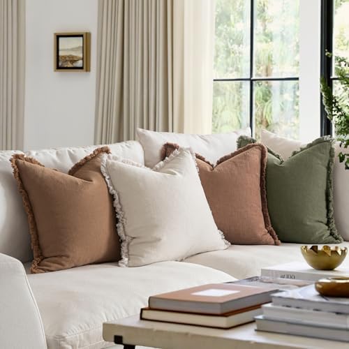 MIULEE Fall Linen Fringe Pillow Covers Set of 4 24x24 Beige/Brown/Green - Image 5
