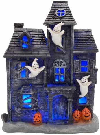 YAKii Halloween Decorations Lighted Haunted House Resin Halloween Village Houses with Ghosts and Pumpkins Battery Operated Glowing Spooky House Decor for Tabletop Mantel Shelf Indoor, 10.2 inch by YAKii