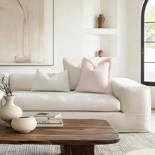ZWJD Throw Pillow Covers 18x18 Set of 2 Striped Pillow Covers with Fringe Chic Cotton Decorative Pillows Square Cushion Covers for Sofa Couch Bed Living Room Farmhouse Decor (Pink) - Image 4