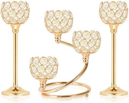 Gold Metal Crystal Candle Holder Set of 3 - Elegant 5-Arm Metal Tea Light Centerpiece with Shining Crystal Bowl, Wedding Anniversary Table Decor for Dining, Party by kehail