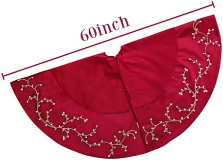 Bunny Chorus Christmas Tree Skirt, 60 inches Classic Large Velvet Fur Plush Red Tree Skirt, Baroque Tree Skirts with Gold Embroidered Pearls and Crystals for Merry Christmas - Image 2