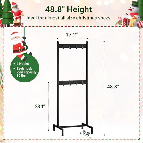 ELYKEN Vertical Christmas Stocking Holder Stand for Floor, 2 Tier Free Standing Stocking Rack with 8 Removable Hooks, Space Saving Metal Christmas Stocking Stand with Adjustable Feet, Black - Image 3