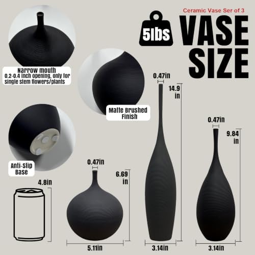 Black Ceramic Vases Set of 3, Modern Boho Vases for Centerpiece Decor, Matte Minimalist Decorative Vases for Home Decor, Living Room, Bookshelf, and Entryway Table Decor - Image 2
