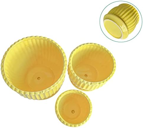 Yellow Ceramic Flower Pots with Saucers, Modern Round Ceramic Succulent Plant Pots with Stripe Texture, Small to Medium Sized, Set of 3 - Image 5