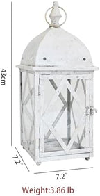 Vintage White Metal Candle Lantern with Glass 17in Distressed Blue Rustic Large Farmhouse Hanging Candle Holder Lanterns for Indoor & Outdoor Front Porch Table Centerpiece Decor - Image 2