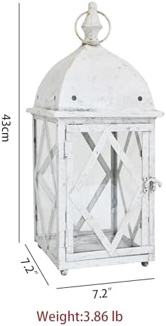 Vintage White Metal Candle Lantern with Glass 17in Distressed Blue Rustic Large Farmhouse Hanging Candle Holder Lanterns for Indoor & Outdoor Front Porch Table Centerpiece Decor - Image 2