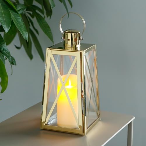TRIROCKS Stainless Steel Decorative Lantern 12''H Metal Outdoor Candle Holder Hanging Candle Lantern with Tempered Glass for Christmas Home Wedding Living Room Parties Indoor Outdoor(Gold Trapezoid) - Image 6