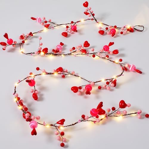 Glooglitter 6.5ft Valentine's Day Garland with String Lights Pink Red Berry Garland Battery Powered Heart Shaped Ball Fairy String Lights for Valentine's Day Party Home Table Wall Decoration by Glooglitter