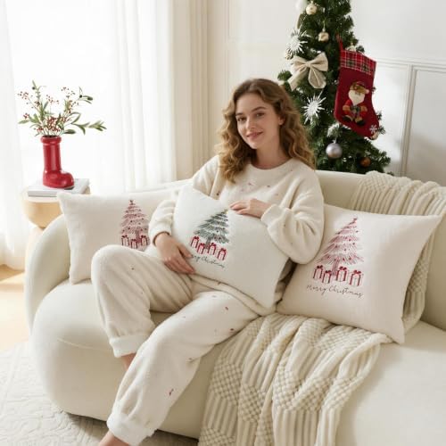 Christmas Throw Pillow Covers 24x24 Set of 2, Embroidered Red Tree - Image 2