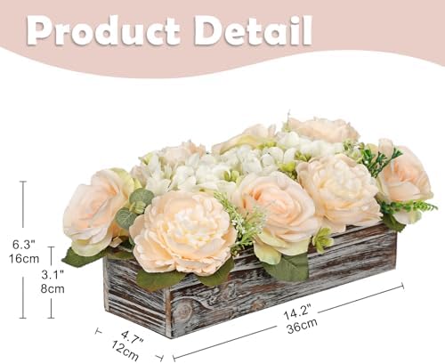 DILATATA Flower Arrangement with Wooden Vase 14" Artificial Flowers in Pot - Fake Flowers Roses Peonies Hydrangeas in Wooden Vase Potted Flower Centerpieces for Table Decor Living Room - Pale Yellow - Image 3