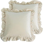 Jemiipee Velvet Ruffle Throw Pillow Covers Couch, Set of 2 Decorative Pillowcases with Ruffles 20x20 Inch Solid Color Shabby Chic Farmhouse Cushion Cover for Living Room Sofa Bed, Beige by Jemiipee