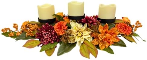 25 Inch Fall 3 Candle Holder Centerpiece with Dahlias and Mums by Unknown