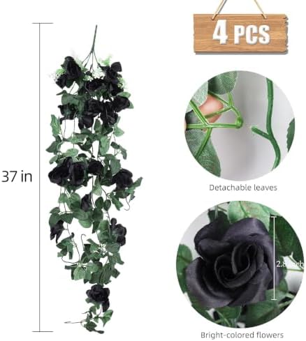 RECUTMS 4PCS Artificial Black Rose Fake Hanging Flowers Halloween Garland - Image 2
