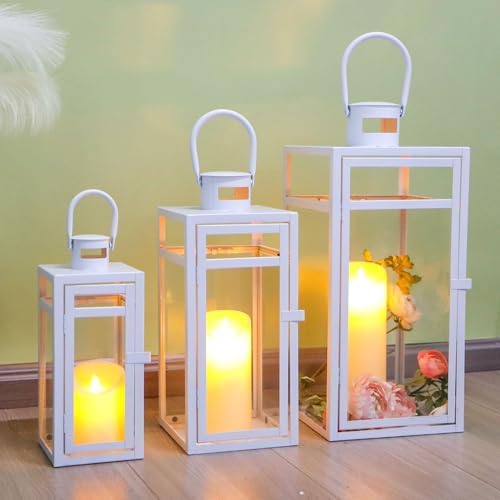 TRIROCKS Metal Candle Lantern Set of 3 - Assorted Sizes (12/15/19 Inch) - Tall Metal Hanging Lanterns with Tempered Panels Indoor & Outdoor Home Decor for Christmas Parties & Events - White Finish - Image 5