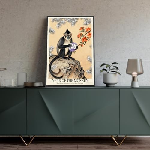 Elegant Chinese Zodiac Wall Art - Lunar Year of the Monkey Poster with Purple Hydrangeas and Orange Rhododendrons for Home Aesthetics and Room Decor 16X24 in Wrapped Framed - Image 4