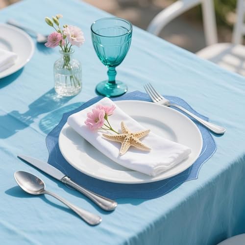 Set of 8 Cotton Linen Placemats, 15x15 Round Scalloped Cloth Table Mats, Embroidery Machine Washable, Wrinkle Resistance Fabric Place Mats for Wedding Summer Baby Shower Party Table Decor-Blue - Image 7