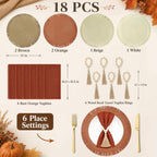 18 Piece 15 Inch Decorative Boho Table Placemats, 6 Set Round Braided Woven Place Mats in Brown Orange Beige White with Rust Napkins and Wood Bead Tassel Rings for Fall Thanksgiving Dining - Image 2