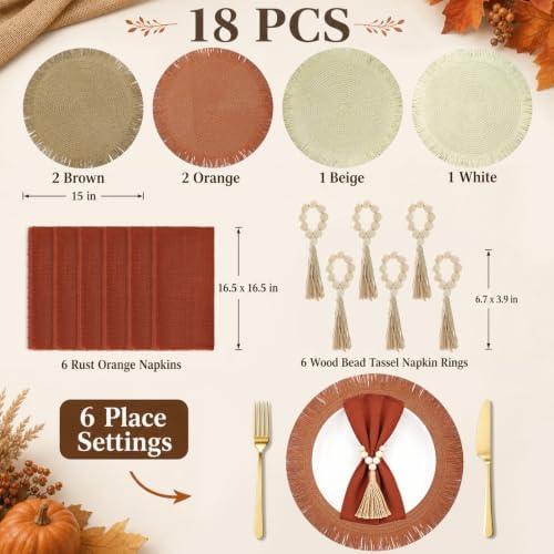 18 Piece 15 Inch Decorative Boho Table Placemats, 6 Set Round Braided Woven Place Mats in Brown Orange Beige White with Rust Napkins and Wood Bead Tassel Rings for Fall Thanksgiving Dining - Image 2