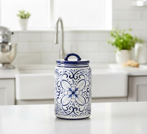 Young's Inc Ceramic Blue and White Talavera Treat Jar with Silcione Seal, 8 Inch Decorative Farmhouse Canister for Kitchen, Countertop, Storage Jar for Cookies, Tea, Sugar, Candy - Image 2