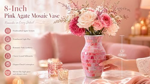 8" Pink Agate Mosaic Vase, Handmade Textured Glass Flower Vase, Romantic Rose Glass Centerpiece for Bedroom, Bathroom, Coastal Home Decor & Valentine's Day Gift - Image 2