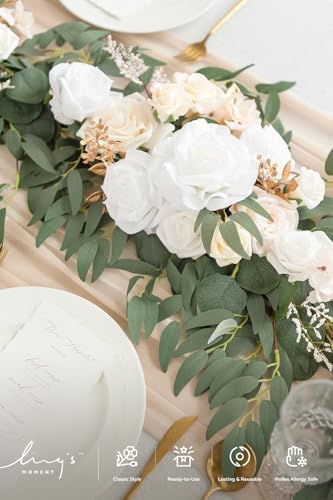 Ling's moment Flower Garland, 6FT Eucalyptus & Rose White & Beige New - Image 4
