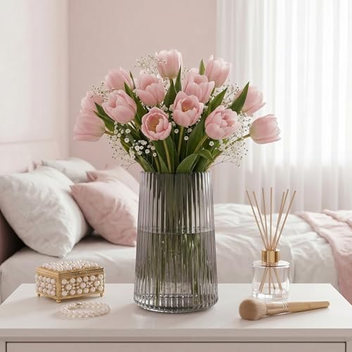 Black Glass Vase for Flower, Flower Vase for Bouquet, Modern Glass Vases, Ribbed Vases for Living Room, Bedroom, Dining Table, Office, Wedding, Centerpieces, 8 Inches - Image 2