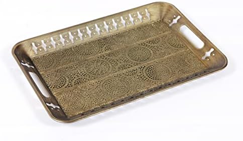Sturdy 16" Rectangular Decorative Metal Serving Tray - Champagne Gold with Filigree Decor for Coffee Table, Bathroom, Dresser, Centerpieces, Wedding by Unknown