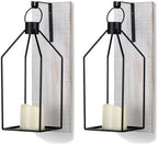 Candle Sconces Wall Decor: Set of 2 Farmhouse Wood Candle Holder Indoor Black Metal Lantern Rustic Decorations for Living Room Front Porch Yard by Staymoment