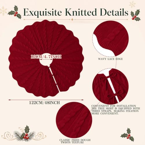 Thenshop 48 Inch Chunky Cable Knit Christmas Tree Skirt, Burgundy - Image 2