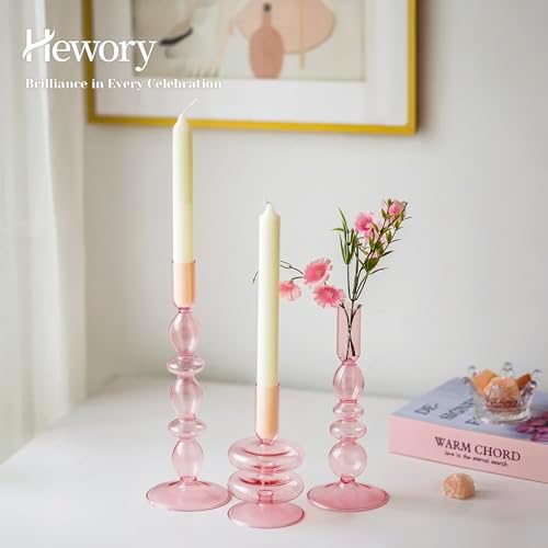 Hewory Valentines Pink Candle Holders Set, 3 PCS Glass Candlestick Holders - Image 2