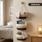 TeoKJ Over the Door Hanging Basket, 3-Tier Woven Cotton Wall-Mounted Storage Organizer Bag Decorative Hanging Nursery Baskets，Gradient Brown - Image 6