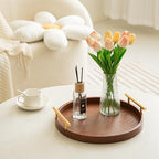 Modern Decorative Serving Tray, Set of 2 Modern Crocodile Leather Round Trays with Polished Metal Handles, Decorative Trays Coffee Table Tray Ottoman Platter for Home Decor (Brown) - Image 5