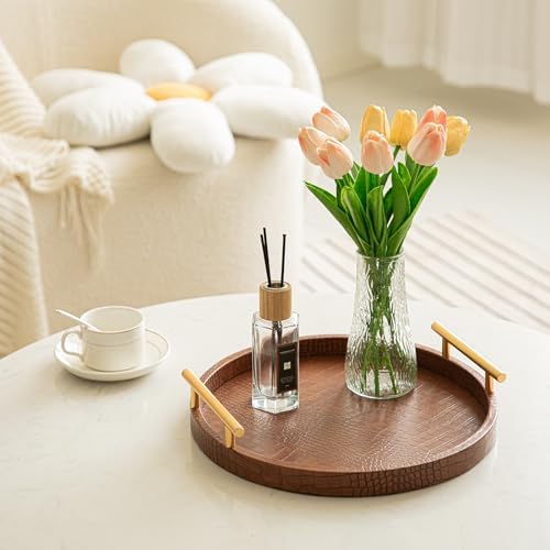 Modern Decorative Serving Tray, Set of 2 Modern Crocodile Leather Round Trays with Polished Metal Handles, Decorative Trays Coffee Table Tray Ottoman Platter for Home Decor (Brown) - Image 5